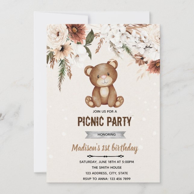 Boho bear shower picnic invitation (Front)
