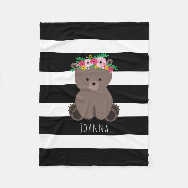Boho Bear Stripe Girls Fleece Blanket (Front)