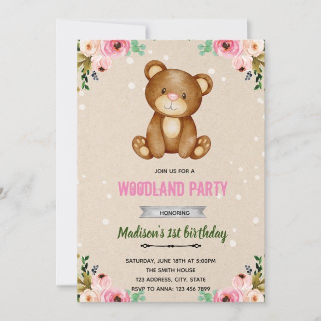 Boho bear woodland shower invitation (Front)