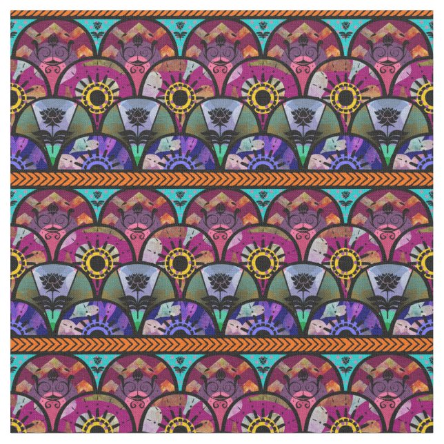 Boho Beauty, Purple, Aqua, Violet, Repeat Pattern Fabric (Close Up)