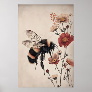 Boho Bee in Red Flower Print, Vintage Botanical Poster