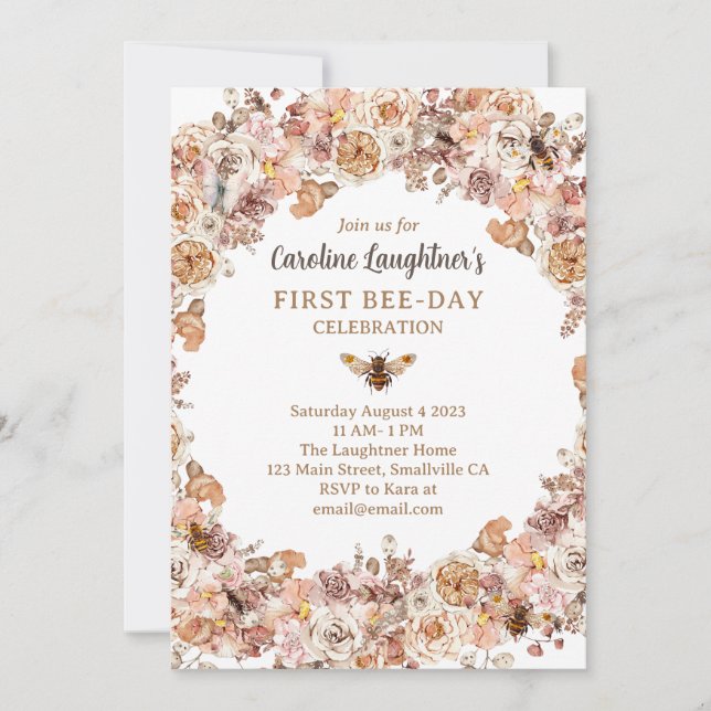 Boho Bee Watercolor Wildflower First Bee-Day Invitation (Front)