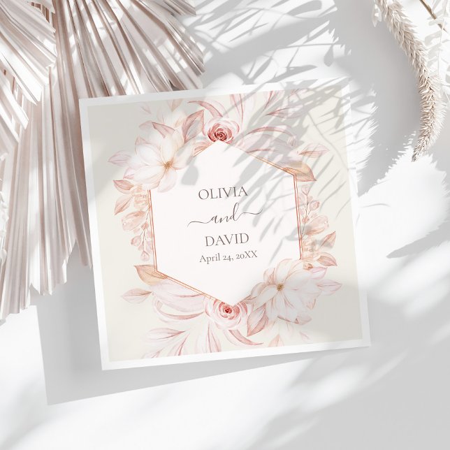 Boho Beige and Pink Roses Wedding Napkins (Boho Beige and Pink Roses Wedding Napkins on a sunny white table.)