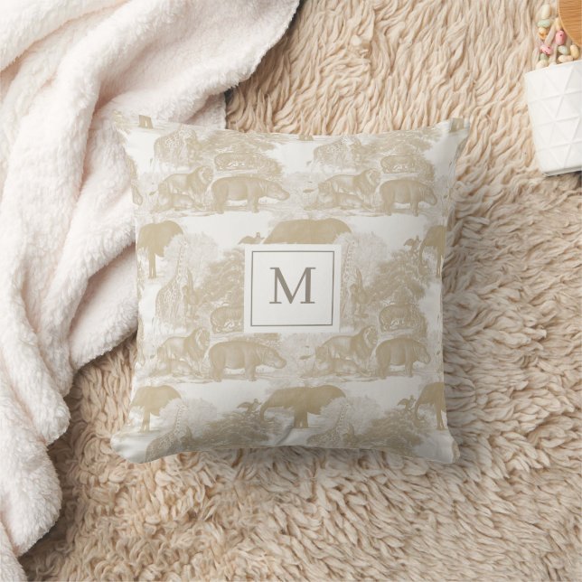 Boho Beige Animals Chinoiserie Baby Boy Monogram Cushion (Blanket)