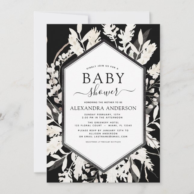 Boho Beige Black Botanical Baby Shower Invitation (Front)