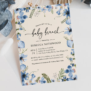 Boho Beige Blue Floral Baby Boy Brunch Shower Invitation