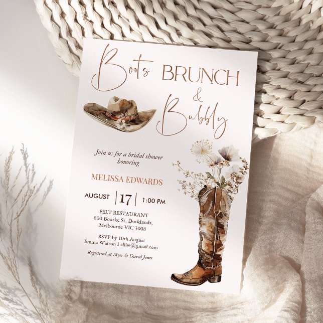 Boho Beige Boots Brunch Bubbly Bridal Shower Invitation (Boots Brunch and Bubbly Bridal Shower Invitation Template, Wildflowers Cowgirl Boots Bridal Shower )