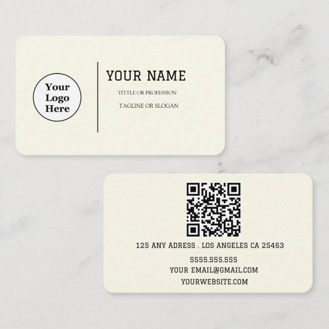 Boho Beige Calligraphy Script QR code Business Card (Front/Back)