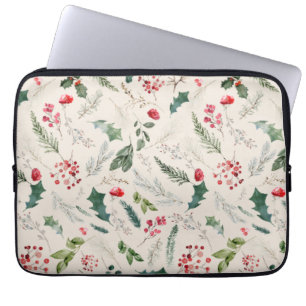 Boho Beige Christmas Botanical Foliage Pattern Laptop Sleeve