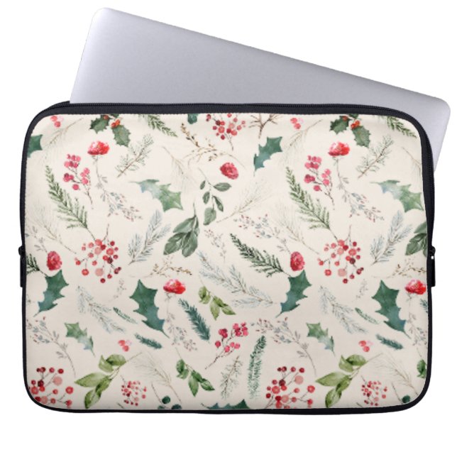 Boho Beige Christmas Botanical Foliage Pattern Laptop Sleeve (Front)