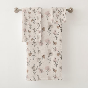 Boho Beige Cream Brown Pink Leaves Abstract Shapes Bath Towel Set