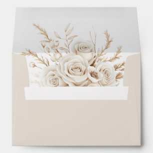 Boho Beige Dried Flower and White Roses Wedding Envelope