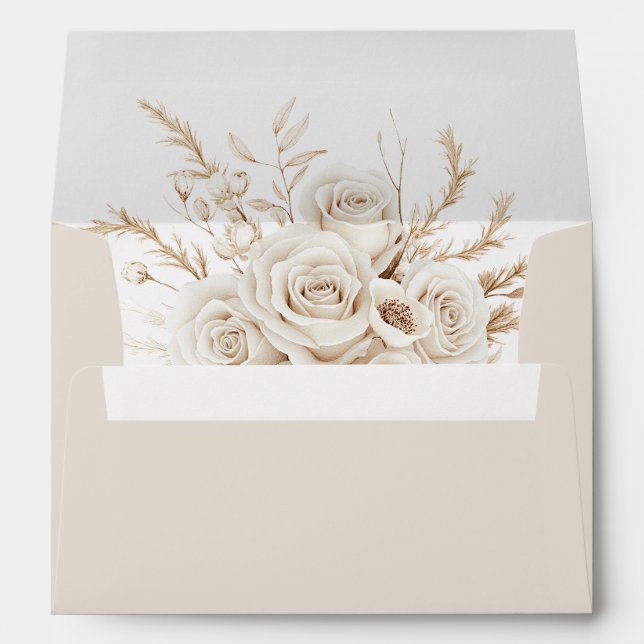 Boho Beige Dried Flower and White Roses Wedding Envelope (Back (Bottom))