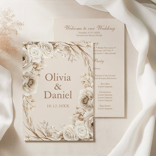 Boho Beige Dried Flower and White Roses Wedding Programme (Boho Beige Dried Flower and White Roses Wedding Program on an elegant silky tablecloth)