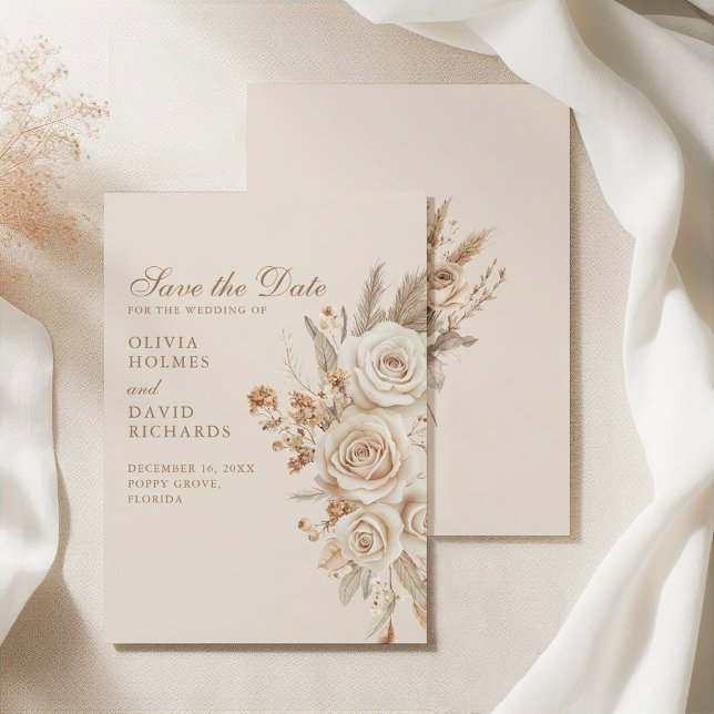 Boho Beige Dried Flowers and Roses Wedding  Save The Date (Boho Beige Dried Flowers and Roses Wedding Save The Date on an elegant silky tablecloth)