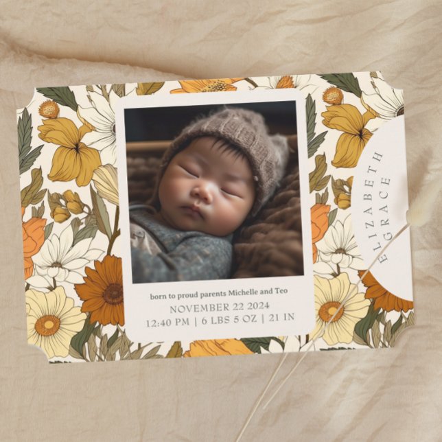 Boho Beige Fall Floral Newborn Birth Announcement (Creator Uploaded)