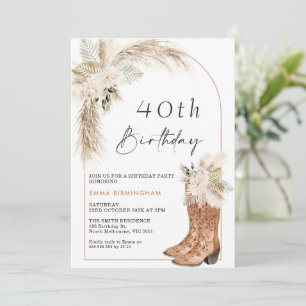 Boho Beige Floral Boots 40th Birthday Invitation