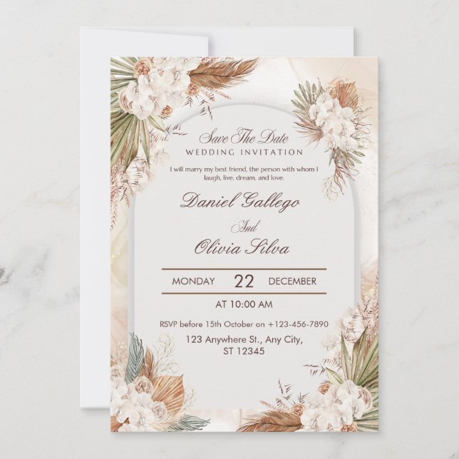 Boho Beige Floral Cream All-in-One Wedding  Invitation (Front)