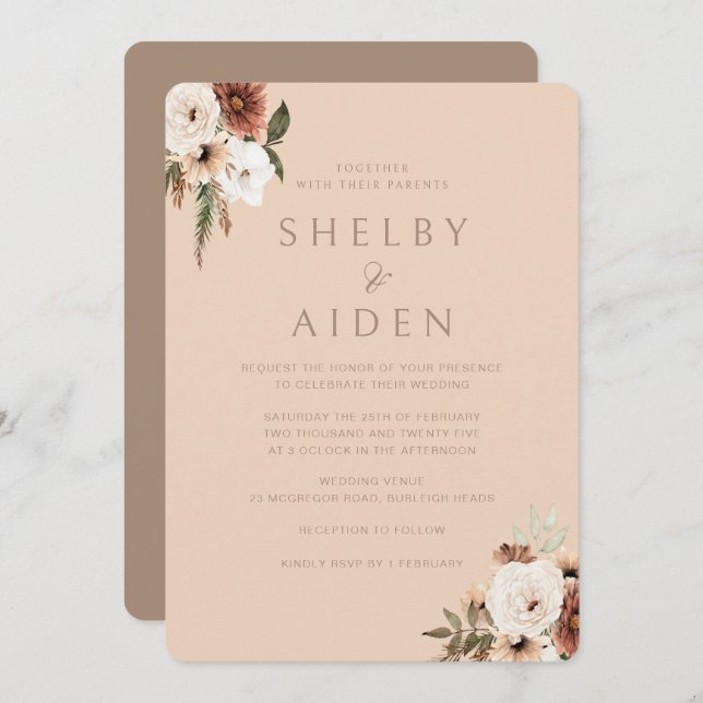 Boho Beige Floral Minimalist Neutral Wedding  Invitation (Front/Back)