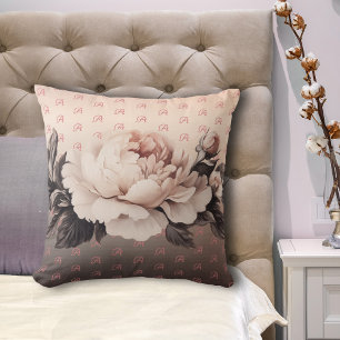 Boho Beige Floral Monogram Throw Pillow