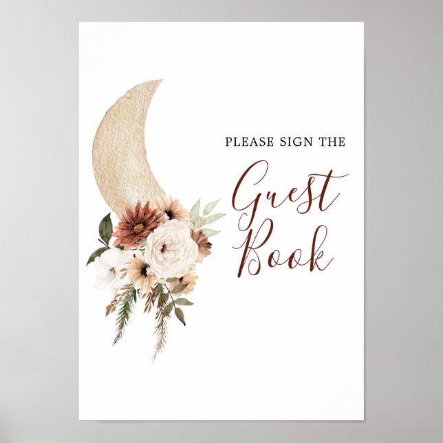 Boho Beige Floral Moon Baby Shower Guest Book (Front)