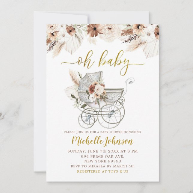 Boho Beige Floral Stroller Baby Shower Invitation (Front)