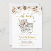 Boho Beige Floral Stroller Baby Shower Invitation