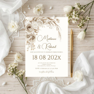 Boho beige floral wedding invitation