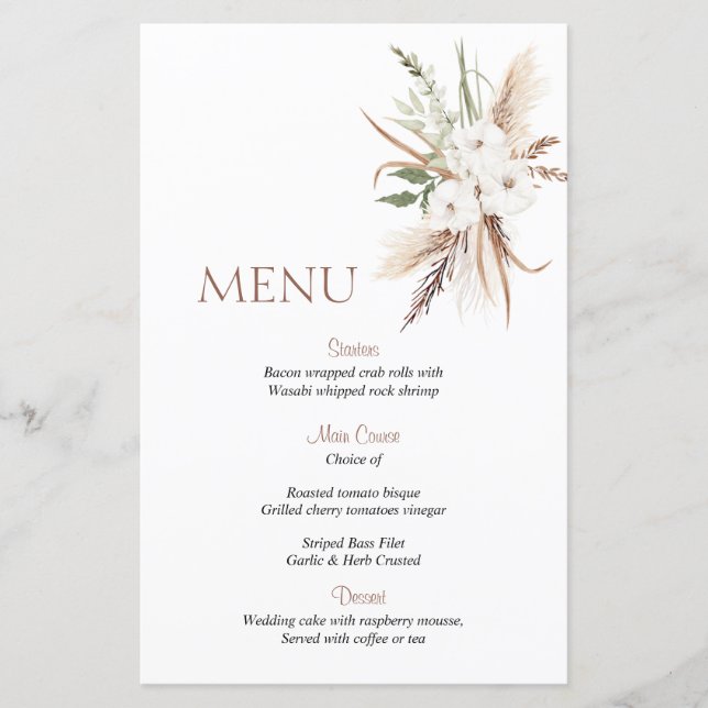 Boho beige flower wedding menu's (Front)