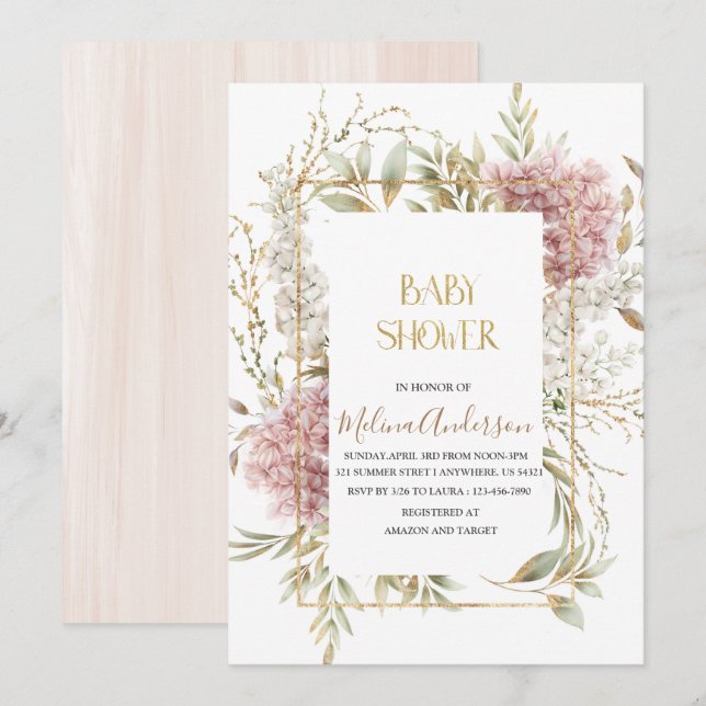 Boho  Beige Flowesr  gold watercolor baby shower Invitation (Front/Back)