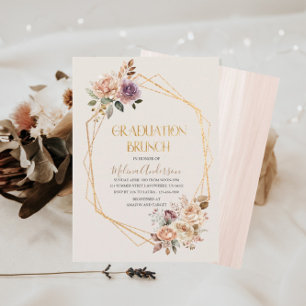 Boho Beige Flowesr gold watercolor graduation br Invitation