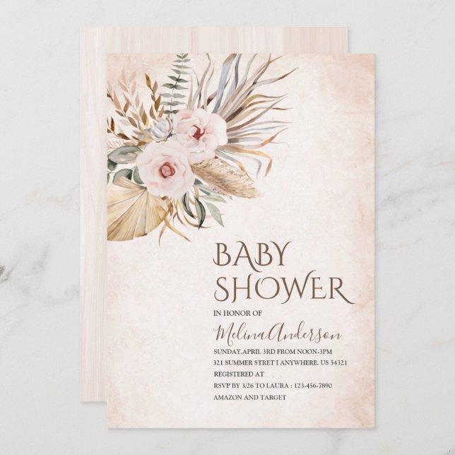 Boho  Beige Flowesr  watercolor baby shower Invitation (Front/Back)