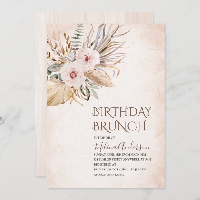 Boho  Beige Flowesr  watercolor birthday brunch Invitation (Front/Back)