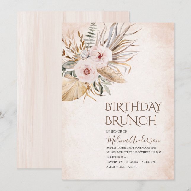 Boho  Beige Flowesr  watercolorbirthday brunch Invitation (Front/Back)