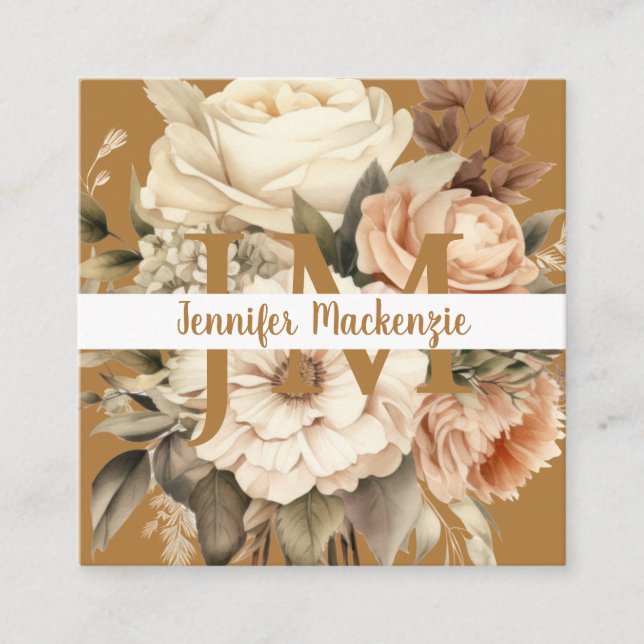 Boho Beige Gold Floral  Square Business Card (Front)