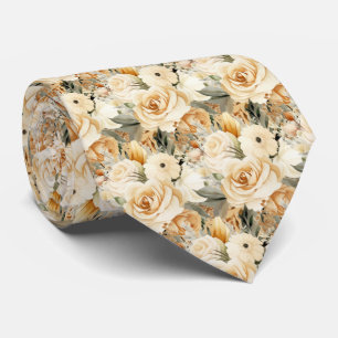 Boho Beige Gold White Roses Floral Neck Tie