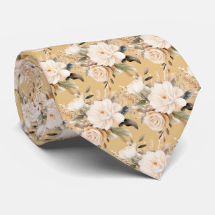 Boho Beige Gold White Roses Floral Neck Tie