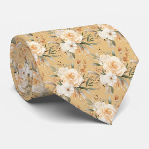Boho Beige Gold White Roses Floral Neck Tie