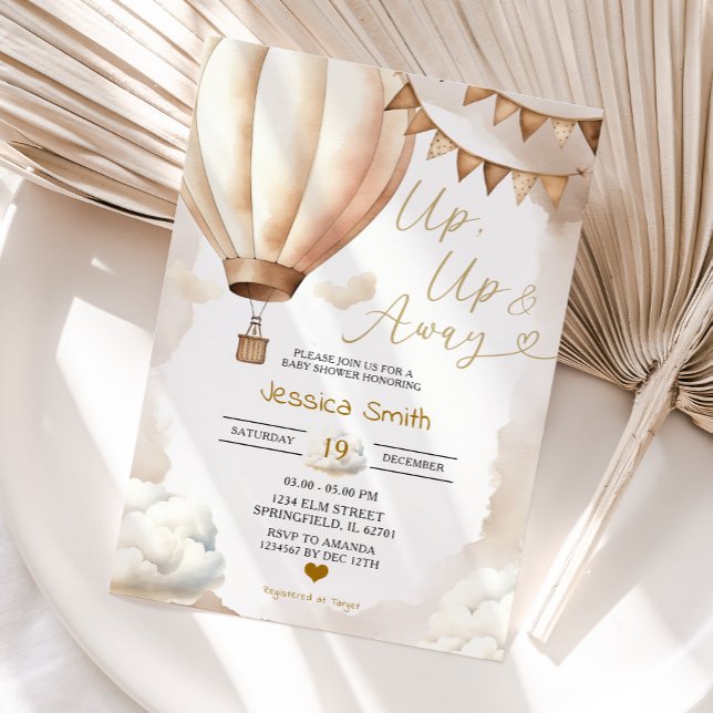 Boho Beige Hot Air Balloon Up Up Away Baby Shower Invitation (Creator Uploaded)