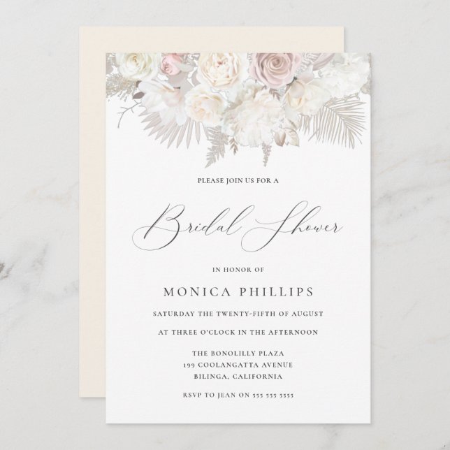  Boho Beige, Ivory and Blush Bridal Shower Invitation (Front/Back)