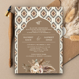 Boho Beige Ivory Ikat Anand Karaj Sikh Wedding Invitation