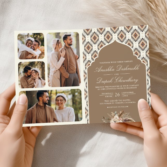 Boho Beige Ivory Ikat Photo Collage Indian Wedding Invitation (Creator Uploaded)