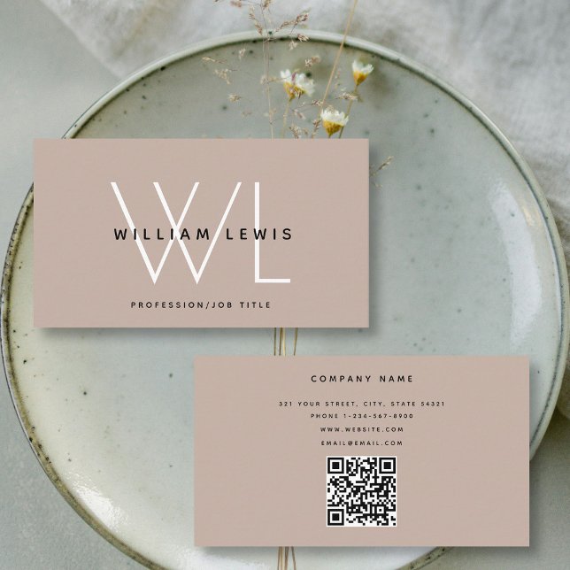 Boho Beige Monogram Modern Minimalist QR Code Business Card (Boho Beige Monogram Modern Minimalist QR Code Business Card)