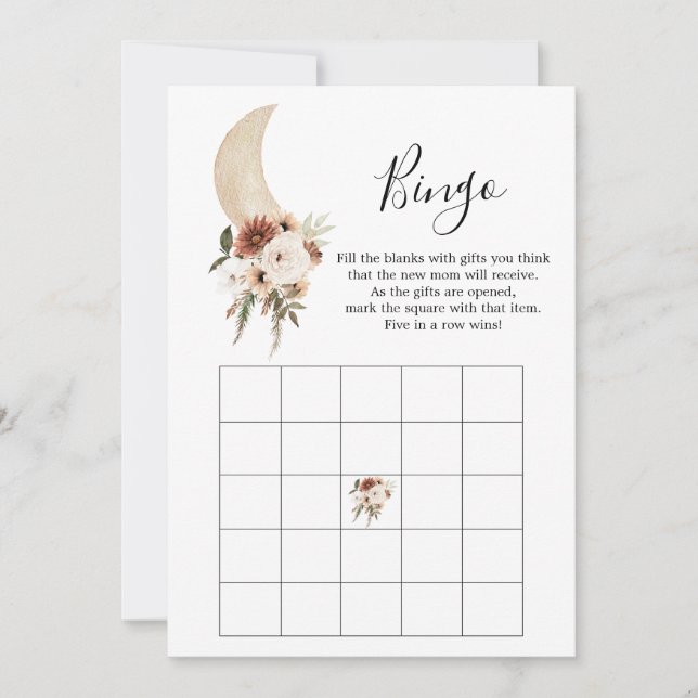 Boho Beige Moon Floral Baby Shower Bingo Game Invitation (Front)