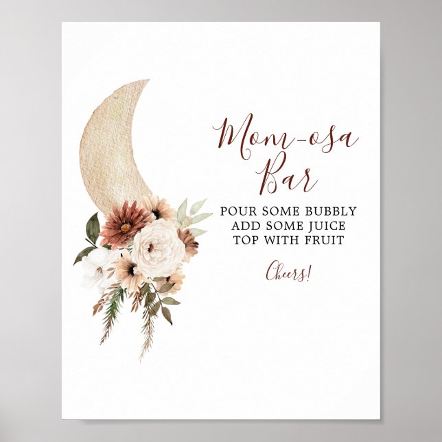 Boho Beige Moon Floral Baby Shower Mum-osa Bar Poster (Front)