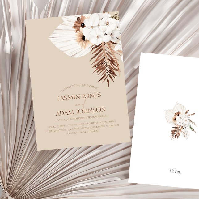 Boho Beige Pampas Grass Orchid Wedding  Invitation (Boho Terracotta Beige Pampas Grass Floral Wedding Invitation)