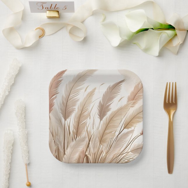 Boho Beige Pampas Grass Wedding Paper Plate (Wedding)