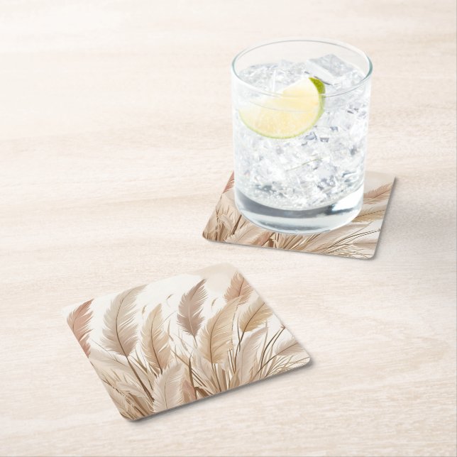 Boho Beige Pampas Grass Wedding Square Paper Coaster (Insitu)
