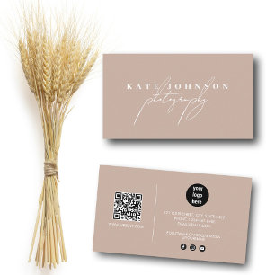 Boho Beige Signature Script QR Code Social Media Business Card