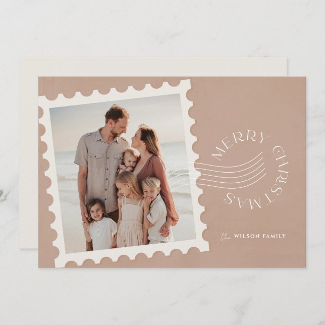 Boho Beige Stamp 2 Photo Christmas Holiday Card (Front/Back)